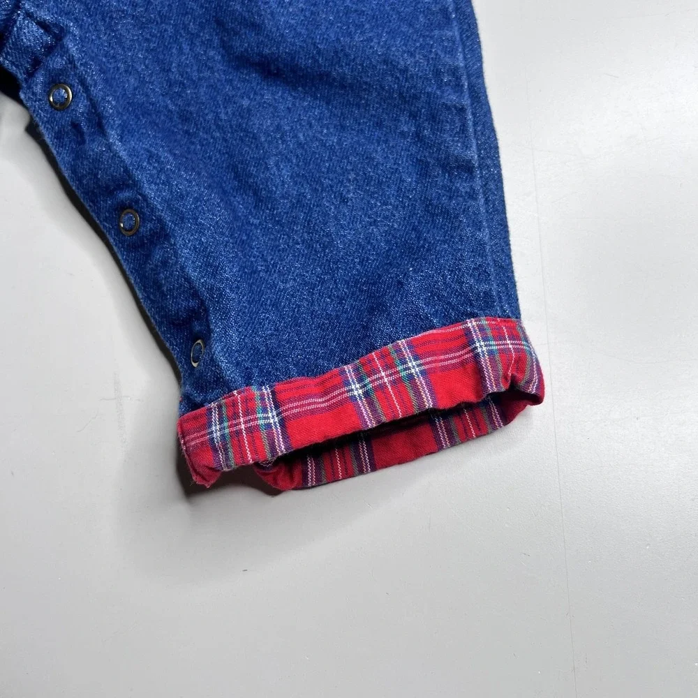 Vintage OshKosh B'gosh Overalls Girls 3-6 Months Blue Denim Plaid Vestbak Romper